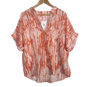 Ancapelion Orange White Abstract Print Blouse – V-Neck Flowy Top XXL NWT
